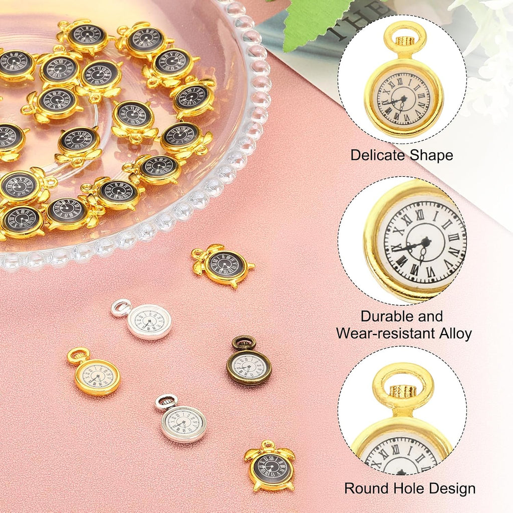 Watch Clock Charm Pendant, 20 Pcs Alloy Enamel Retro Vintage Pocket Watch Charm for Woman Necklace Earring Bracelet