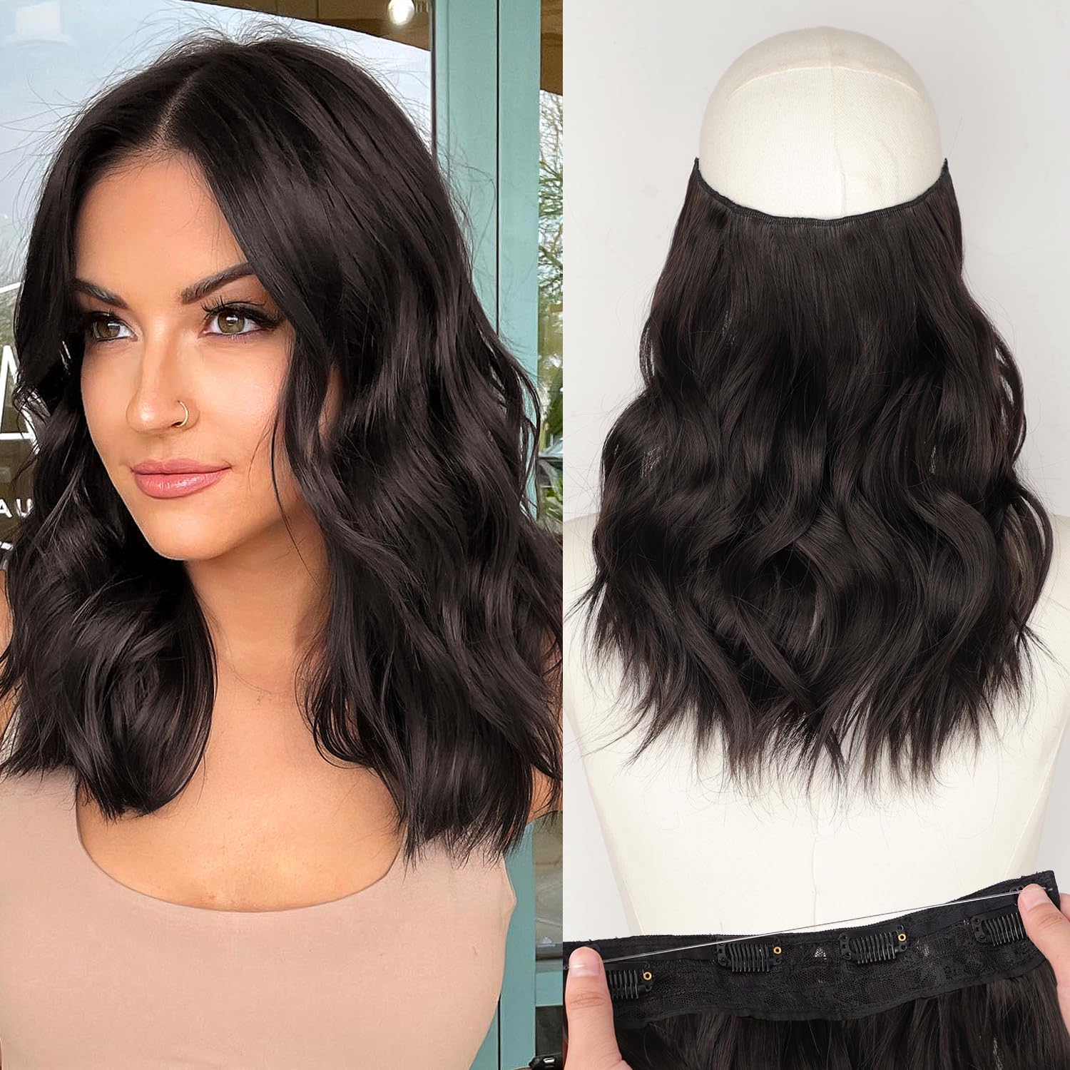 Wavy Invisible Wire & Clip In Hair Extensions Dark Brown/6# 12" | 1 Single Piece Clip In Extension,Adjustable Size
