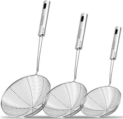 Stainless Steel Spider Skimmer, Set of 3 Professional Kitchen Pasta Strainer Spoon with Long Handle - Asian Strainer