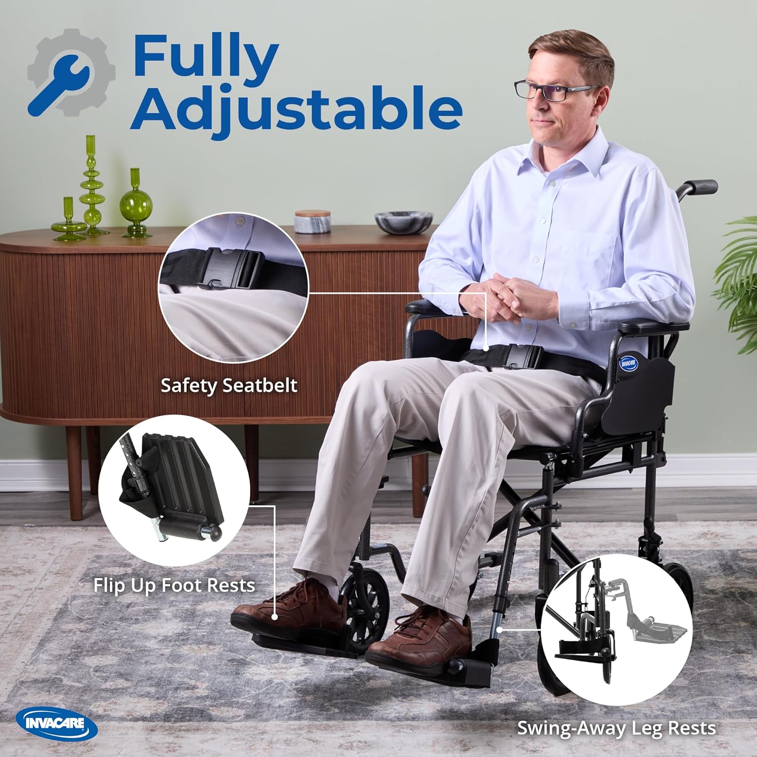 Transport Wheelchair for Adults, Compact Lightweight Wheel Chair with Foldable Backrest, Flip-Back & Removable
