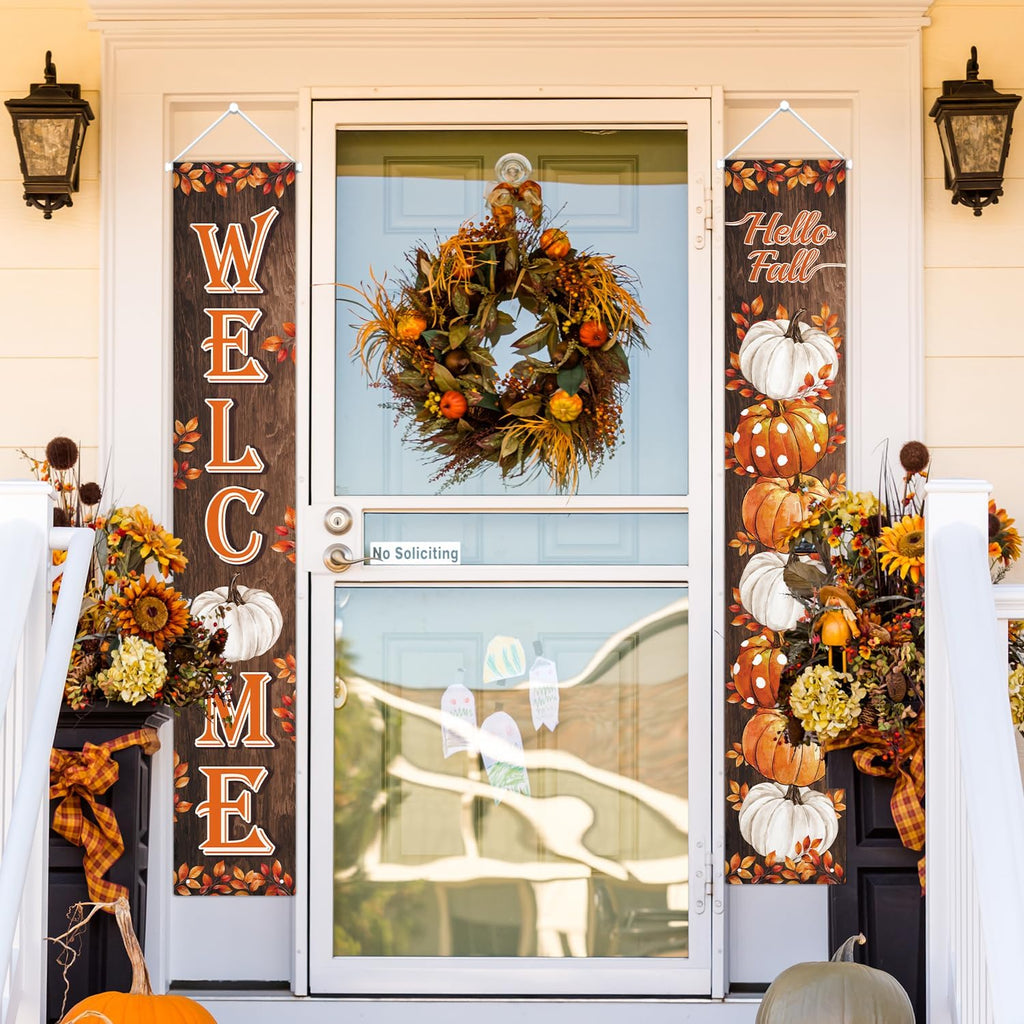 Fall Pumpkin Porch Banner Autumn Thanksgiving Door Decorations | Welcome & Hello Fall Sign Door Decorations Wooden