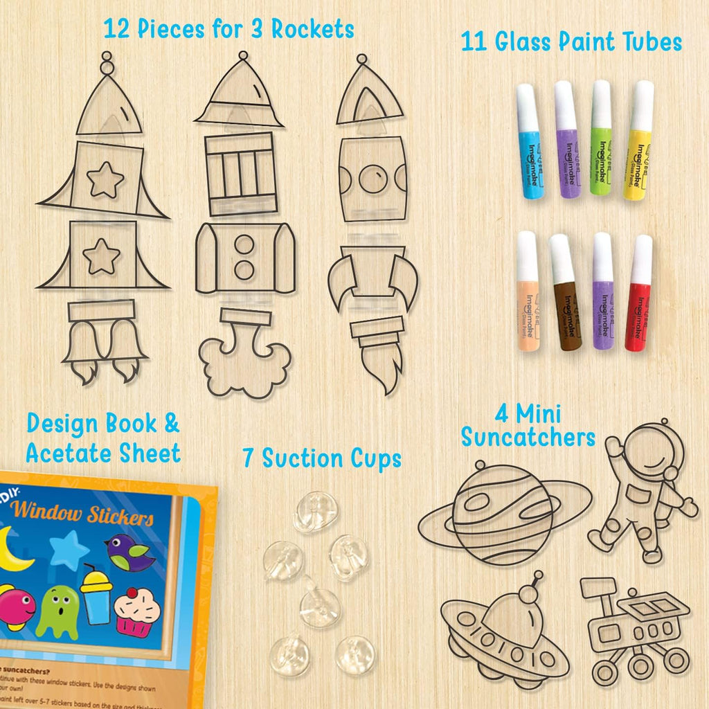 Window Art Rocket | Low Mess Suncatcher Kit | 16 Pieces Glass Painting Set | Kids Activities Ages 5-8 | DIY Craft Kit