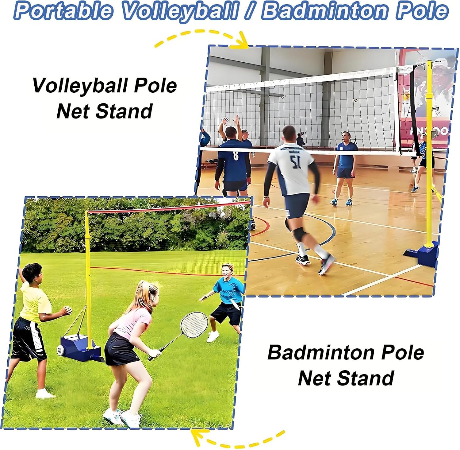 Adjustable Volleyball Badminton Poles for Backyard, Heavy Duty Portable Nets for Indoor Outdoor Use, Mobile Badminton