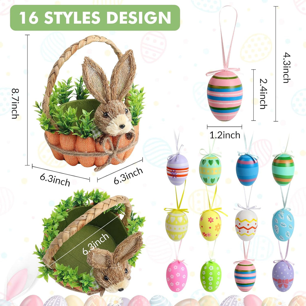 Easter Basket Decoration with Handle, Handmade Straw Bunnies, 12 Hanging Easter Eggs,Carrot Baskets for Easter Egg