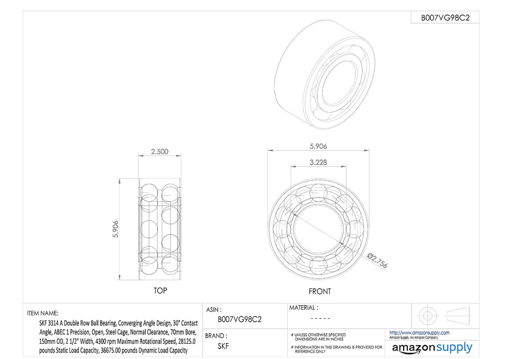 SKF 3313 A Double Row Ball Bearing, Standard Capacity, Converging Angle Design, 30° Contact Angle, ABEC 1 Precision, Open, Steel Cage, Normal Clearance, 65mm Bore, 140mm OD, 2 5/16" Width, 4500 rpm Maximum Rotational Speed, 24750.0 pounds Static