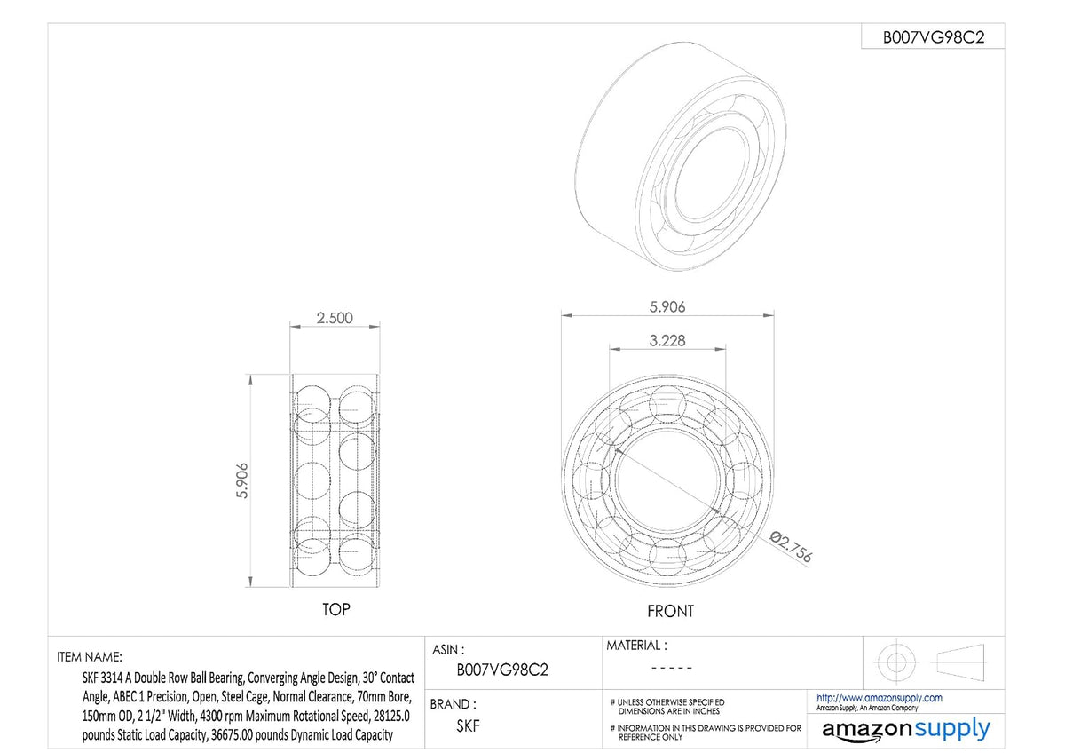 SKF 3313 A Double Row Ball Bearing, Standard Capacity, Converging Angle Design, 30° Contact Angle, ABEC 1 Precision, Open, Steel Cage, Normal Clearance, 65mm Bore, 140mm OD, 2 5/16" Width, 4500 rpm Maximum Rotational Speed, 24750.0 pounds Static