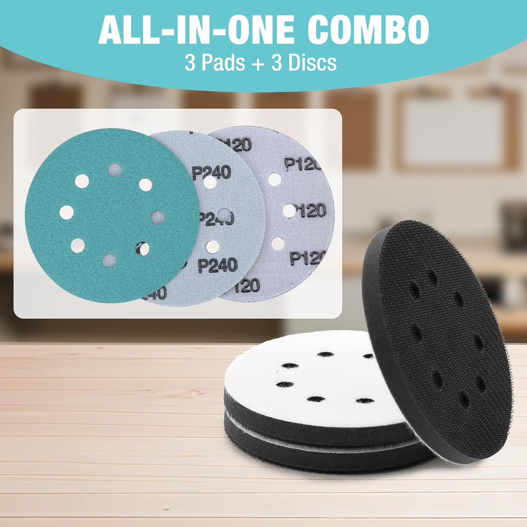 5 Inch Orbital Sander Interface Pads and Sanding Discs | 3 Foam Buffer Pads & 3 Grit Sandpaper (80/120/240), 8-Hole