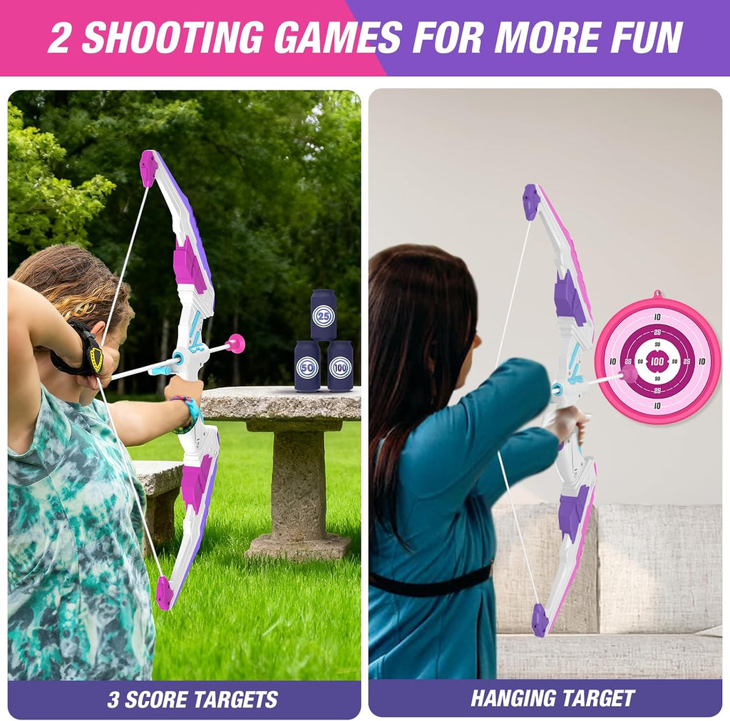 2 Pack Bow and Arrow for Kids, LED Light Up Girls Archery Set | with 24 Suction Cup Arrows, 2 Hanging Targets, 6
