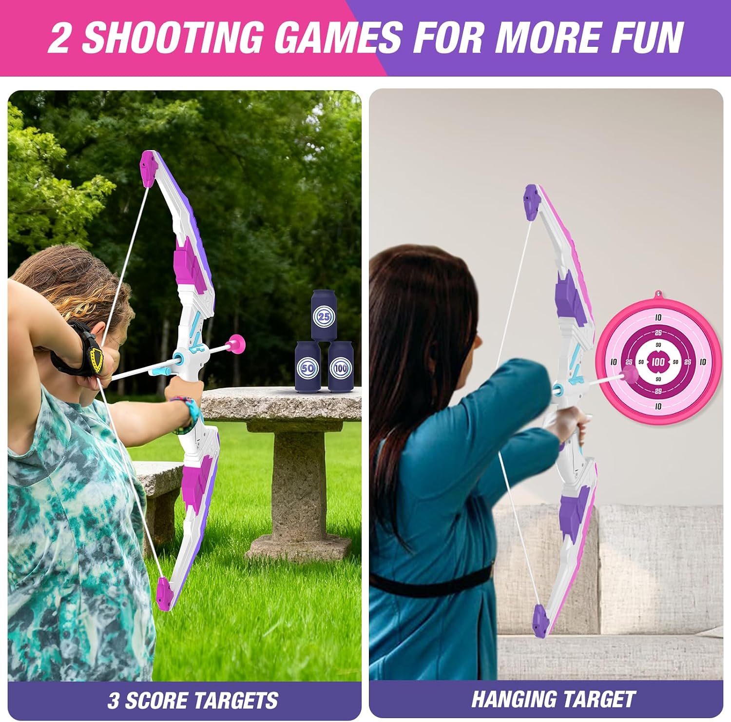 2 Pack Bow and Arrow for Kids, LED Light Up Girls Archery Set | with 24 Suction Cup Arrows, 2 Hanging Targets, 6