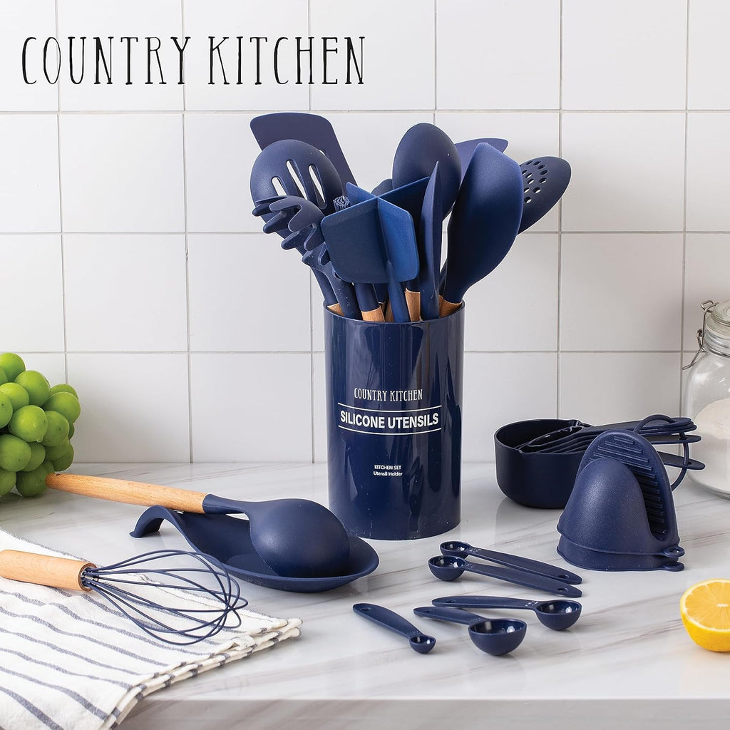 Non Stick Silicone Utensil Set with Rounded Wood Handles for Cooking and Baking, 38 Piece Set, Navy