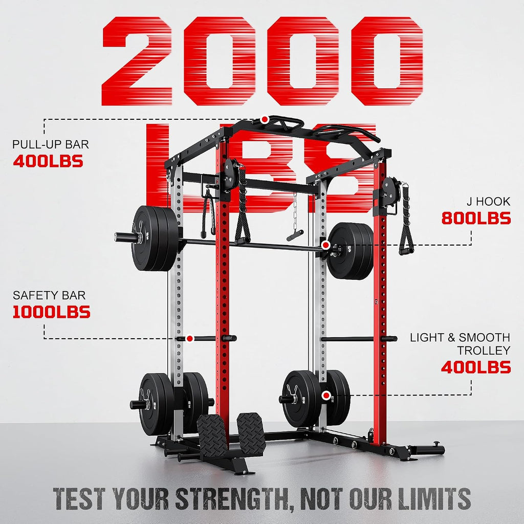 DP01 Power Cage, 2000LBS Squat Rack with Cable Crossover and Dual Independent Pulley System, Full Cage for Full Body