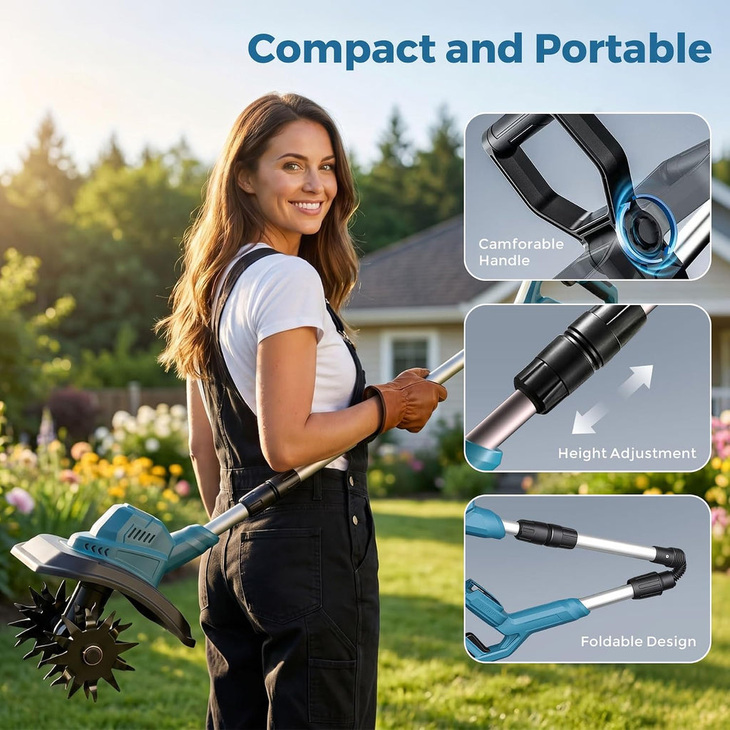 21V Cordless Tiller Cultivator, 360RPM Electric Garden Tiller, with 2 * 3.0Ah Batteries & Charger, 9In Tilling Width