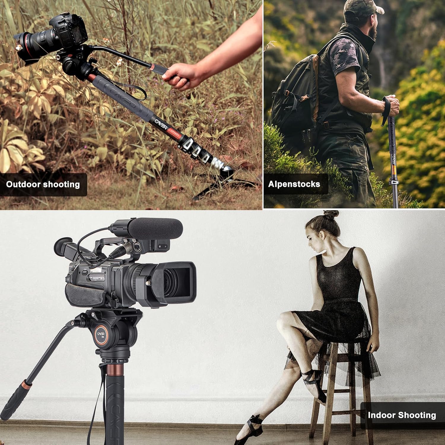 CF34DV Carbon Fiber Monopod, 68" with Folding Feet for Camera | Carbon Fiber Tube, Folding Feet, 4-Section, 68"