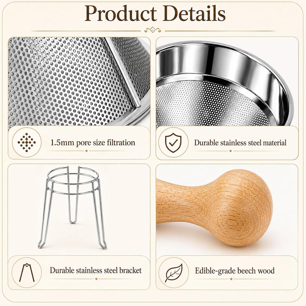 Chinois Strainer Set with Stand & Pestle, China Cap Strainer for Sauces