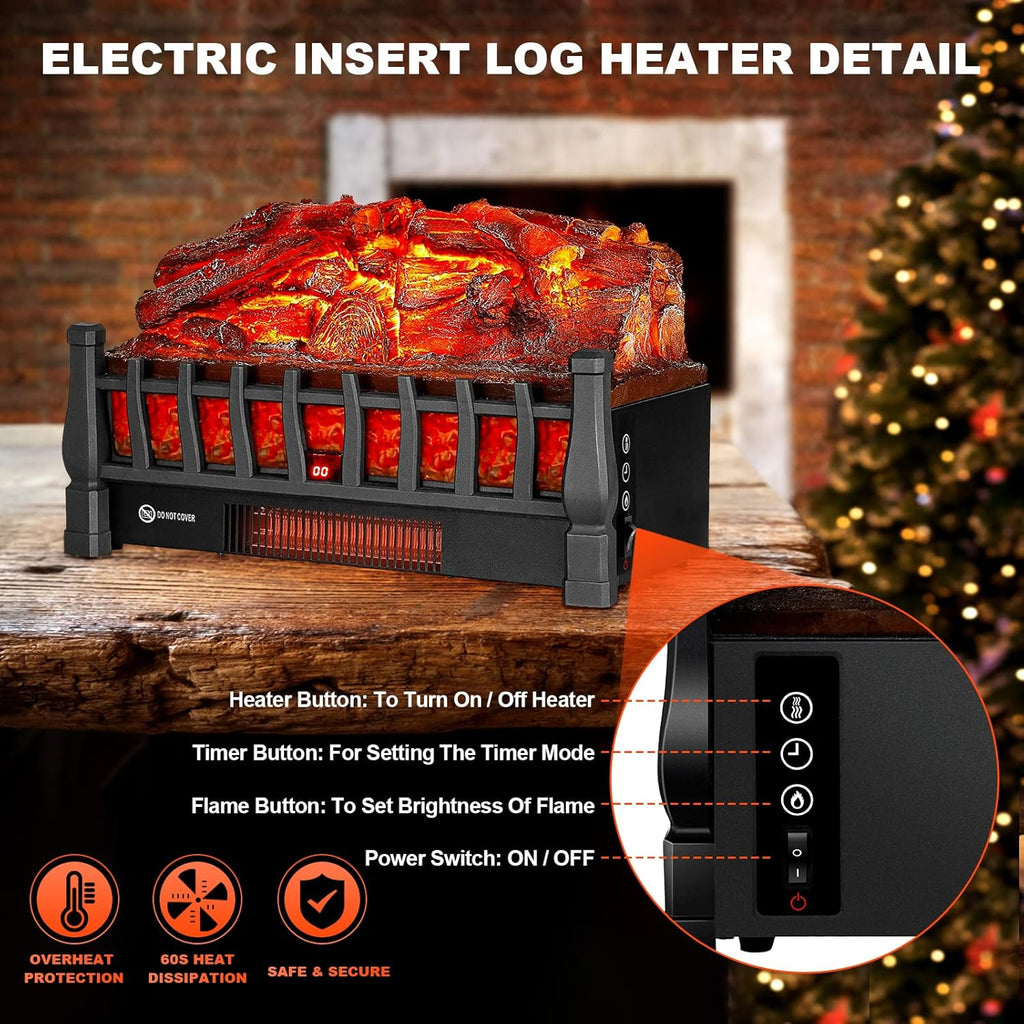 Electric Fireplace Logs Inserts Heater with Remote Control for Home Decor | 5 Flame Brightness, 24H Timer
