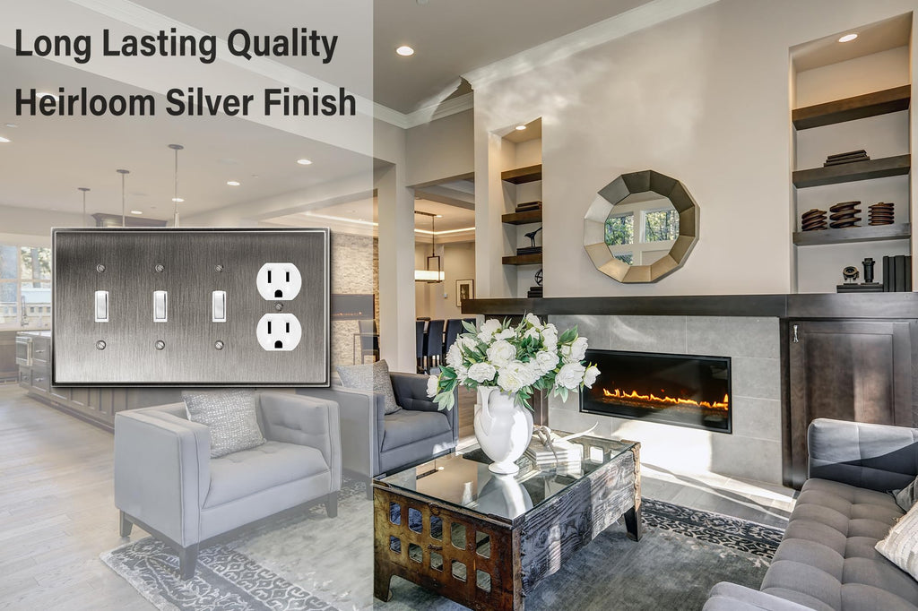 Henne Bery Soft Modern Decorative Wall Plate Switch Plate Outlet Cover (Triple Toggle/Single Duplex, Heirloom Silver)