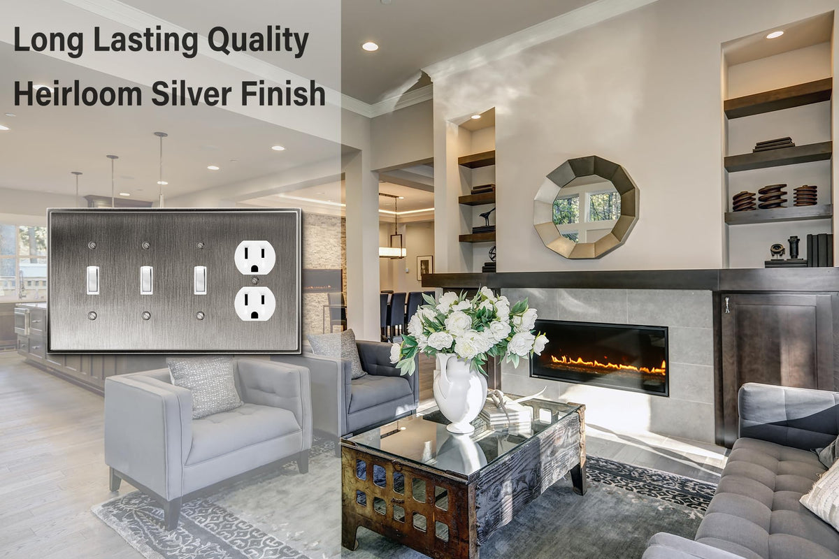 Henne Bery Soft Modern Decorative Wall Plate Switch Plate Outlet Cover (Triple Toggle/Single Duplex, Heirloom Silver)