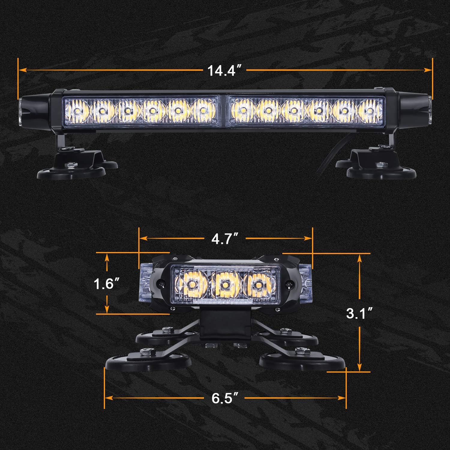 LED Strobe Flashing Light Bar with Magnetic Base, Amber | Aluminum Double Side 30 LED Emergency Hazard Warning Beacon