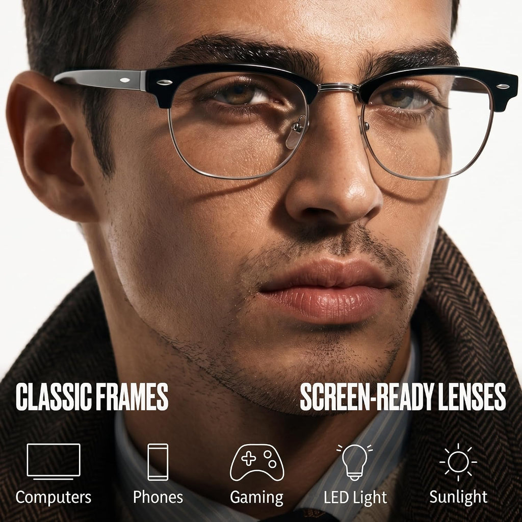 Blue Light Glasses for Men Computer - Gaming Blocking Anti Eyestrain UV Clear Lens Vintage Half Frame Fake Eyeglasses