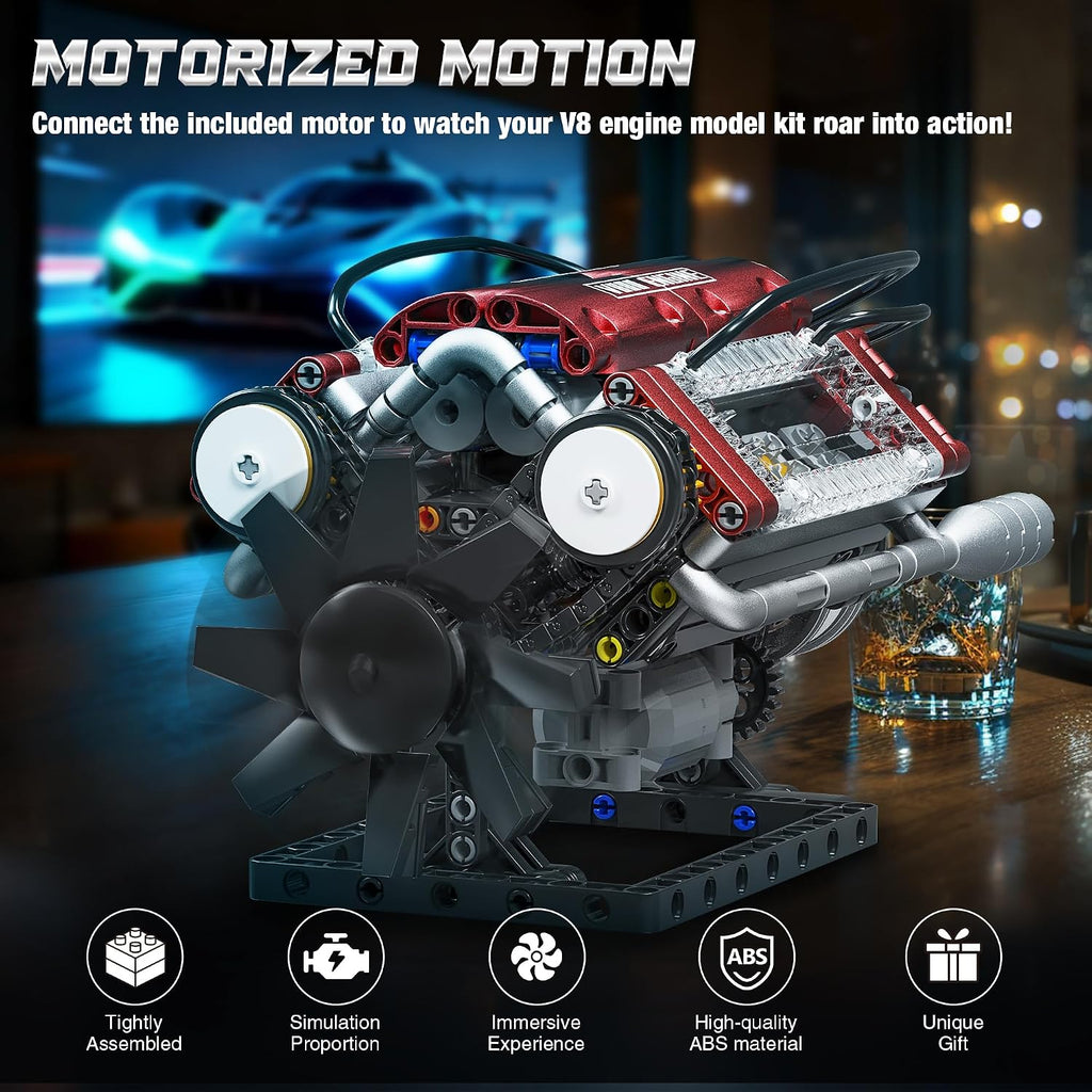 V8 Engine Building Blocks Sets, V8 Engine Model Kit That Runs – Motorized with Moving Pistons, Crankshaft & Rotating
