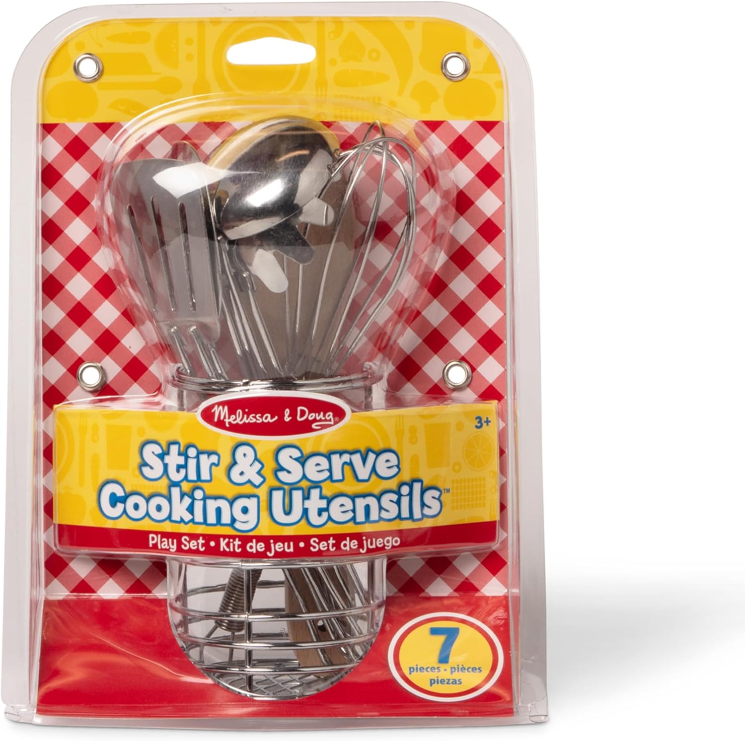 Melissa & Doug Stir & Serve Cooking Utensils (7 pcs) - Stainless Steel & Wooden Play Kitchen Accessories, Preschool