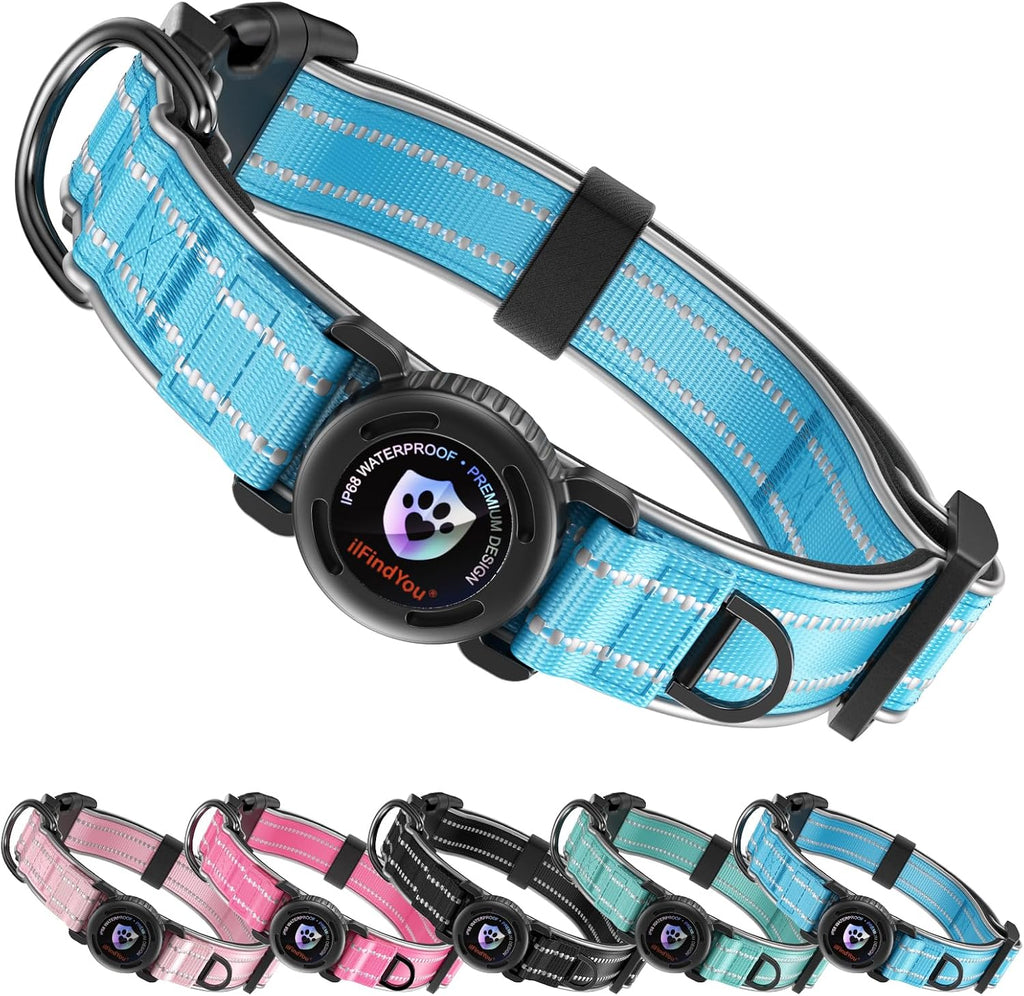 Dog Collar with AirTag Holder IP68 Waterproof Reflective Dog Collar, Blue M