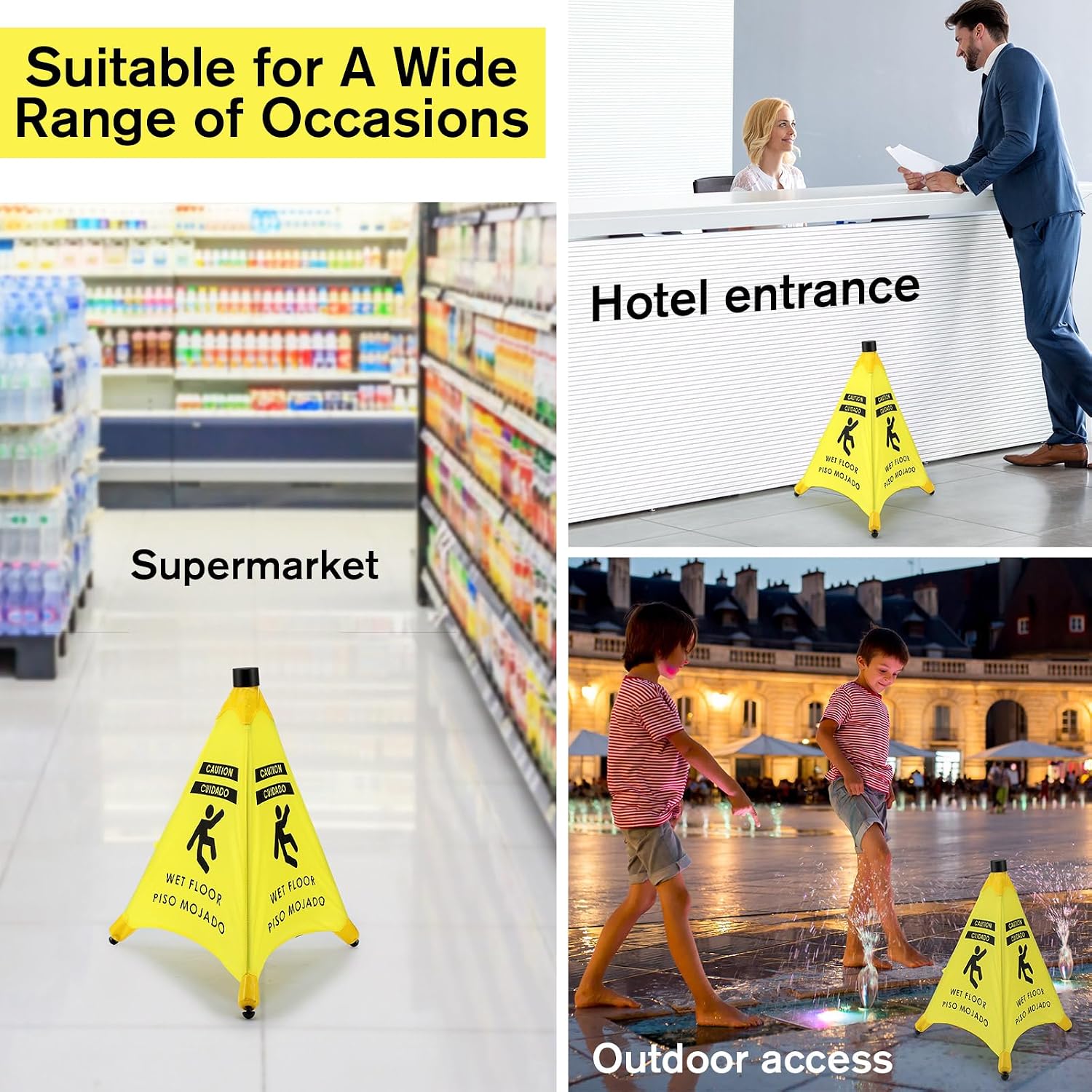 6 Pcs 19.5 Inch Wet Floor Sign Pop-up Safety Cone with Storage Tube Wet Floor Symbol Yellow Warning Sign for Retail
