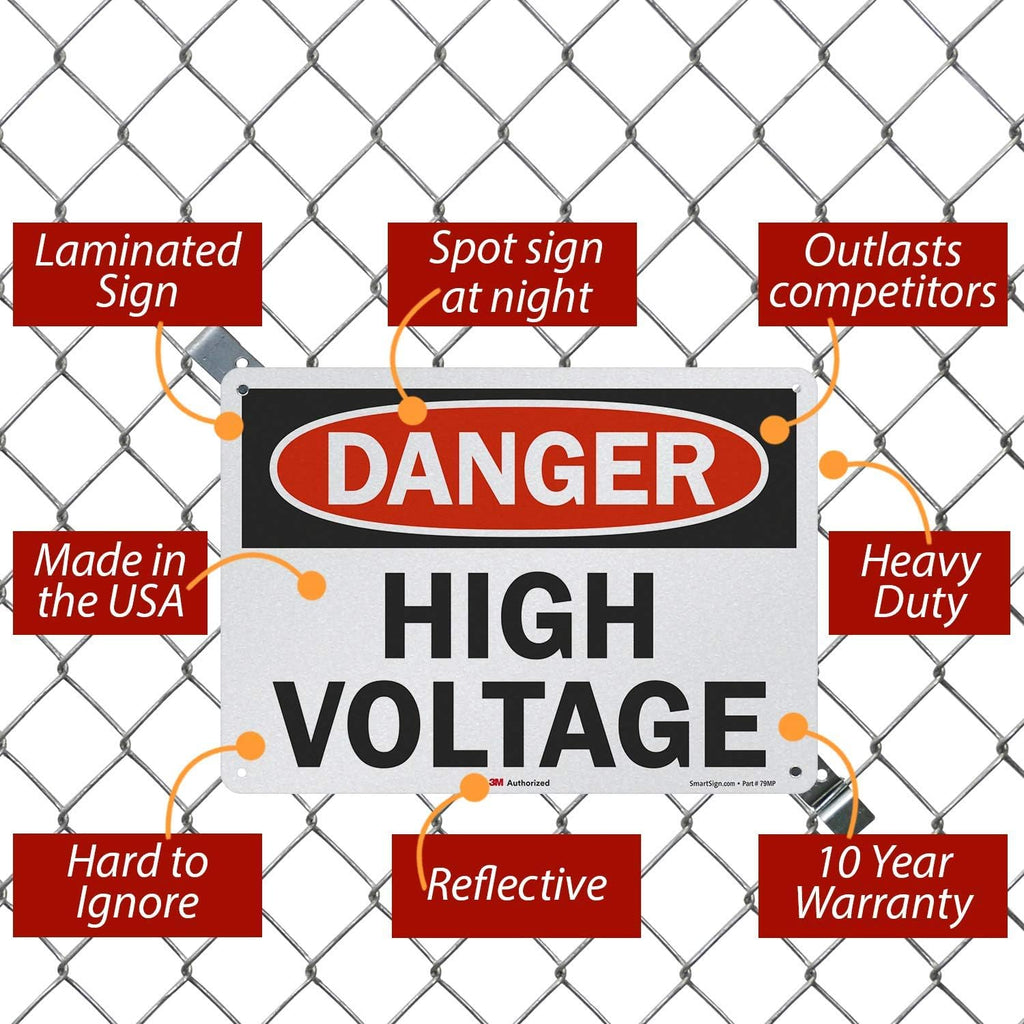 3M Engineer Grade Reflective OSHA Safety Sign, Legend "Danger: High Voltage", 10" high x 14" wide, Black/Red on White