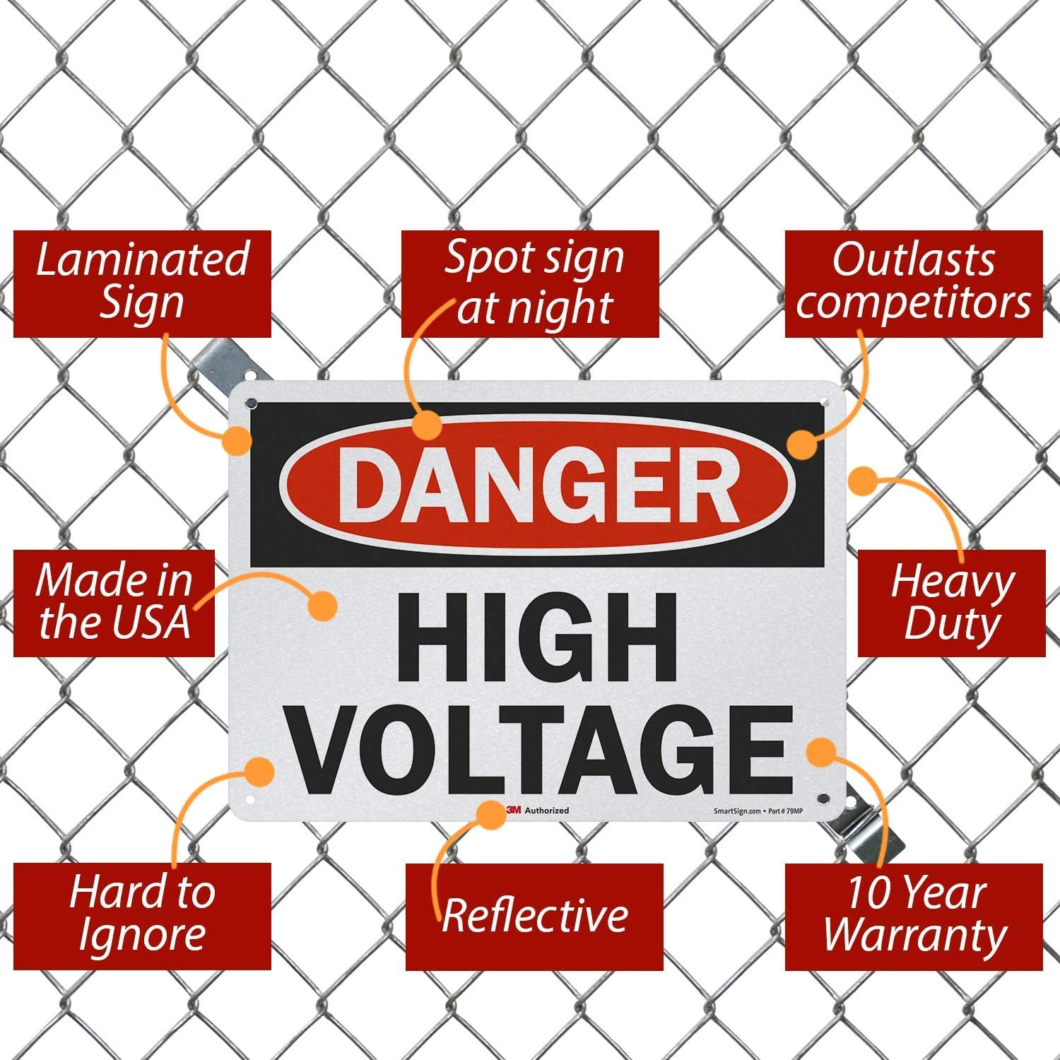 3M Engineer Grade Reflective OSHA Safety Sign, Legend "Danger: High Voltage", 10" high x 14" wide, Black/Red on White