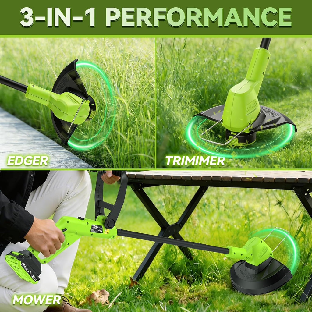 20V Cordless Weed Wacker & 12" String Trimmer with 2 Batteries | 3.5 LBs Lightweight 3-in-1 Lawn Edger, Auto Feed