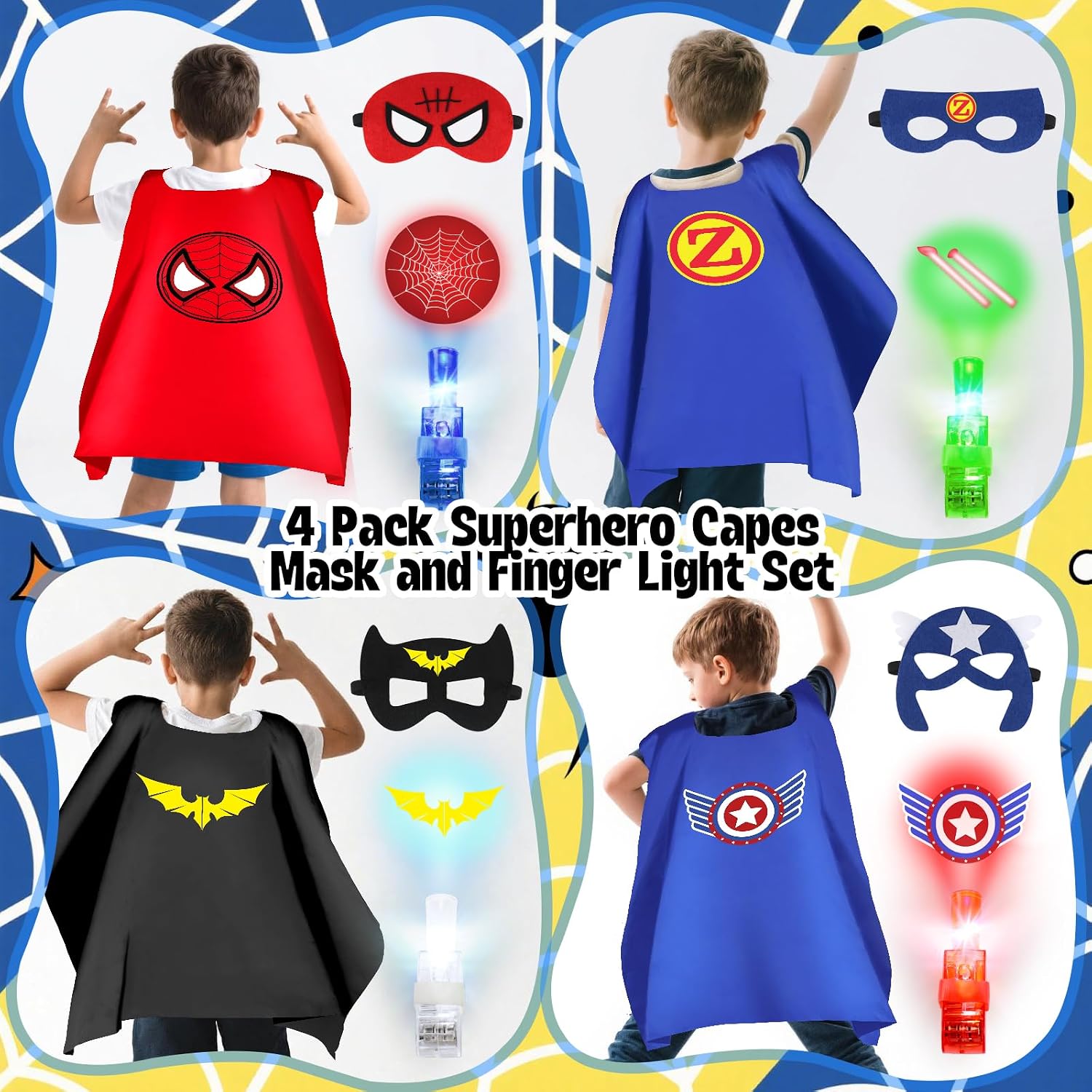 Superhero Capes with Finger Lights, Masks Dress Up for Kids 3-12 | 4 Capes, 4 Masks, 8 Lights for Halloween Costumes
