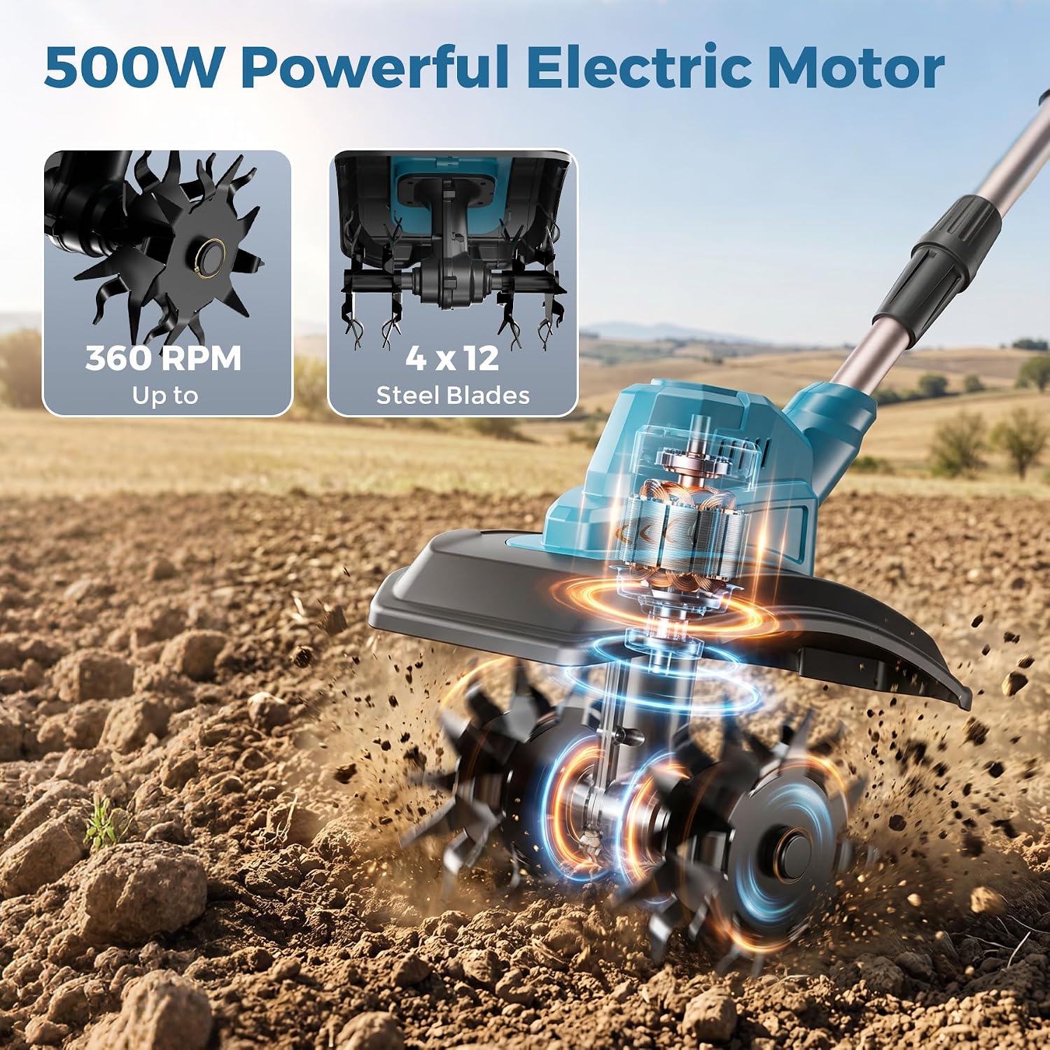 21V Cordless Tiller Cultivator, 360RPM Electric Garden Tiller, with 2 * 3.0Ah Batteries & Charger, 9In Tilling Width