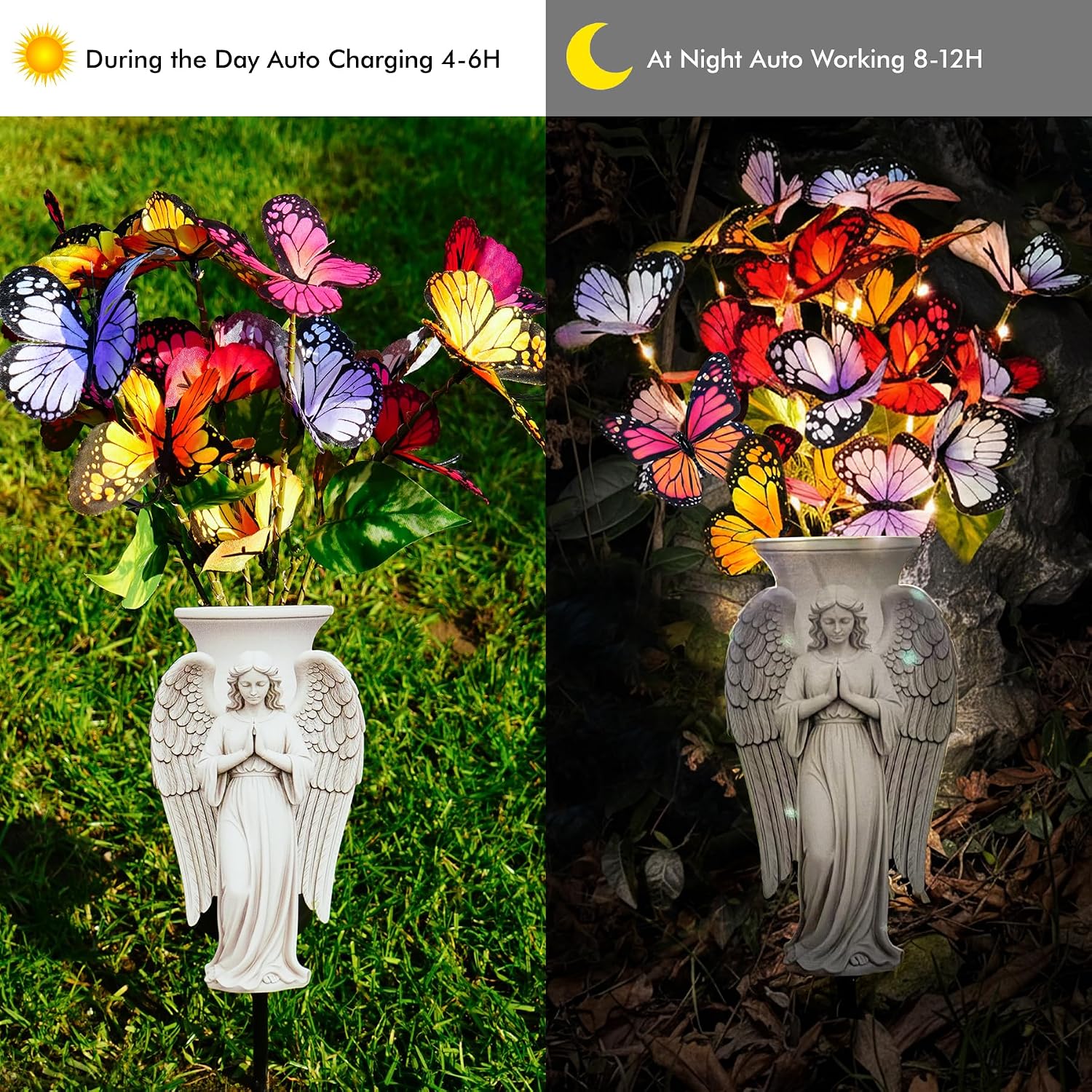 Solar Angel Grave Decorations - Metal Silhouette Memorial Stake with Butterfly Lights, Flat Garden Decor for
