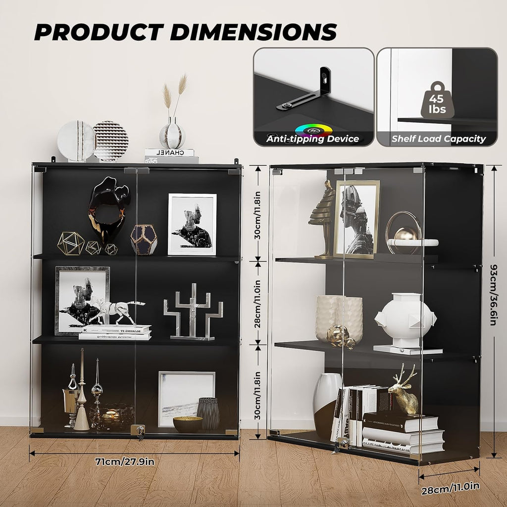 Glass Display Cabinet with RGB LED Lights, Full-View Display, 3-Tier Display Case with Glass Doors for Collectibles