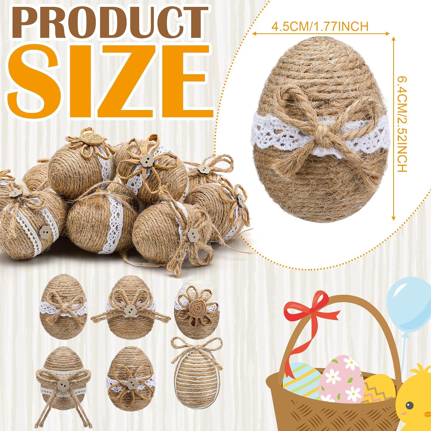 12 Pcs Farmhouse Burlap Easter Egg Ornaments Rustic Linen Rope Hanging Easter Eggs with Lace Wooden Button, Handmade