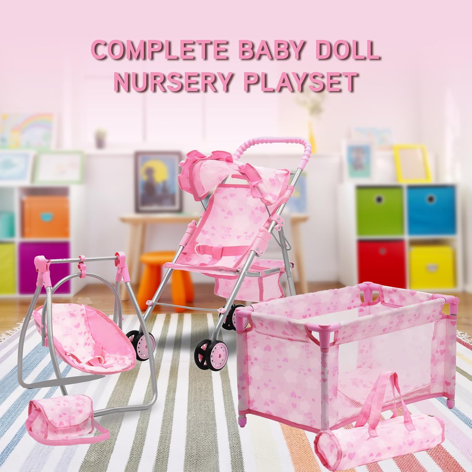 Baby Doll Stroller Bed and Swing Nursery Playset, Baby Doll Accessories Furniture Set Convertible High Chair Diaper