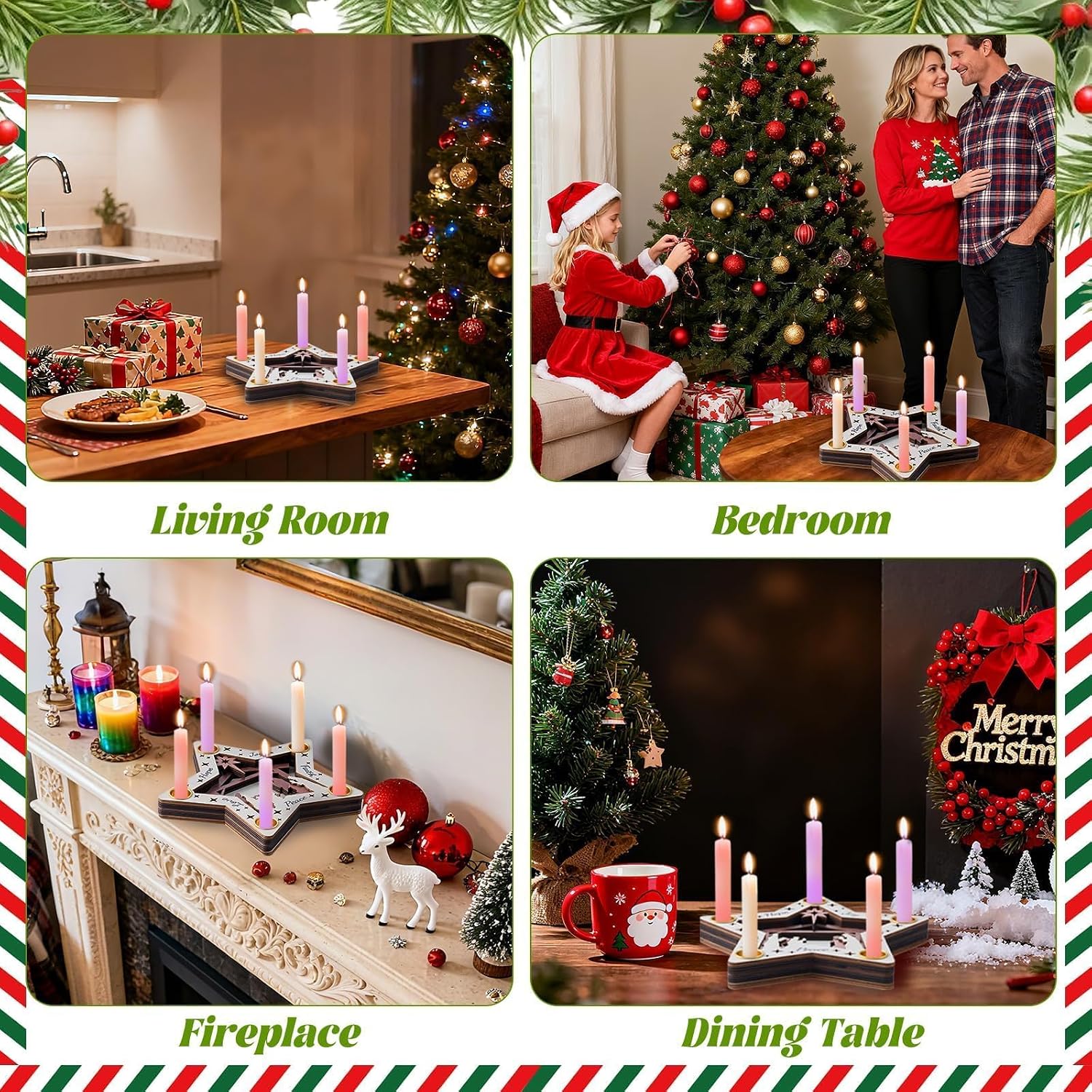 Advent Wreath Candle Holder, Wooden Nativity Scene Advent Candlestick, 5-Hole Star Shape Wreath Candle Holder for