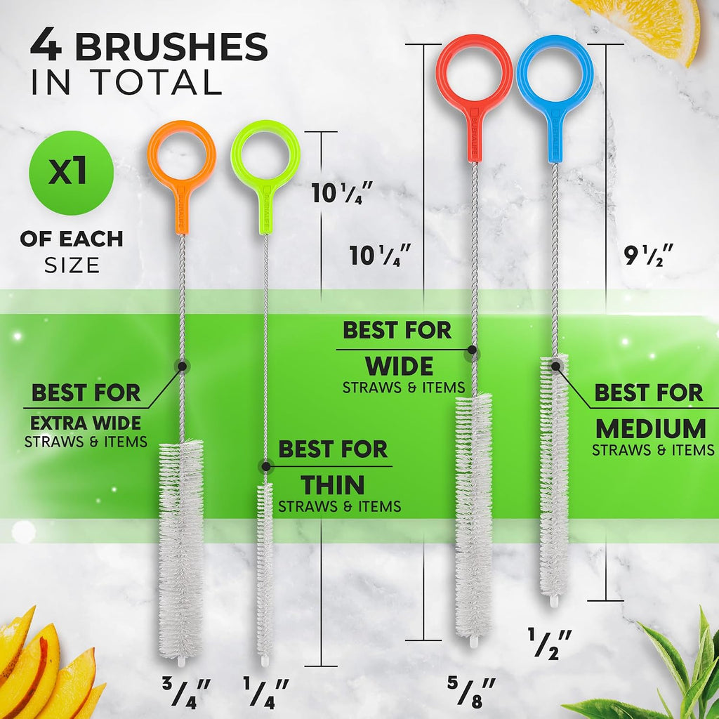 Heavy Duty Cleaning Brushes Set of 4 - Extra Long Straw Cleaners for Metal and Plastic Reusable Drinking Straws, to