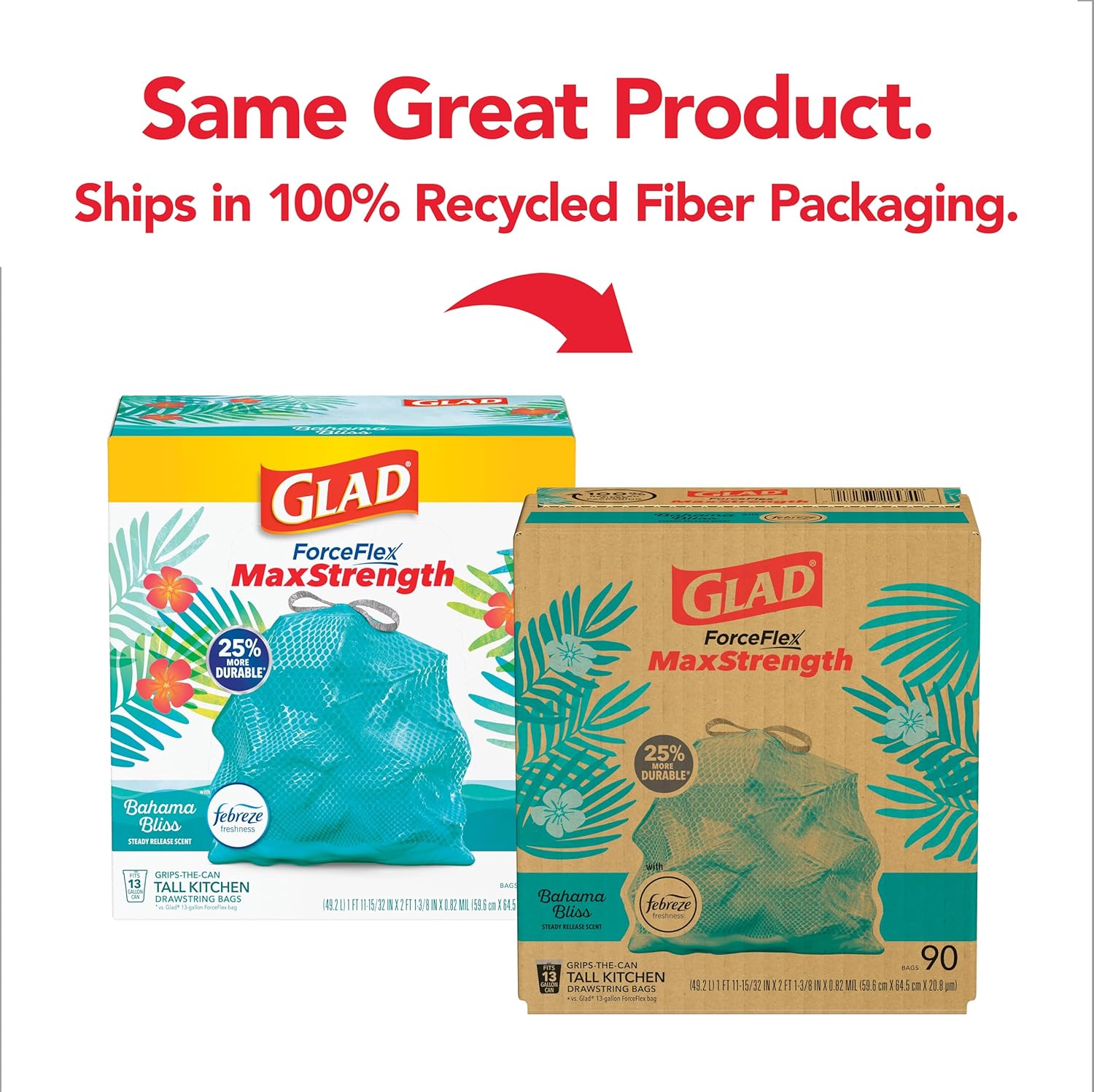 ForceFlex MaxStrength Kitchen Trash Bags, 13 Gal, Bahama Bliss Febreze, 90 Ct (Pack May Vary)