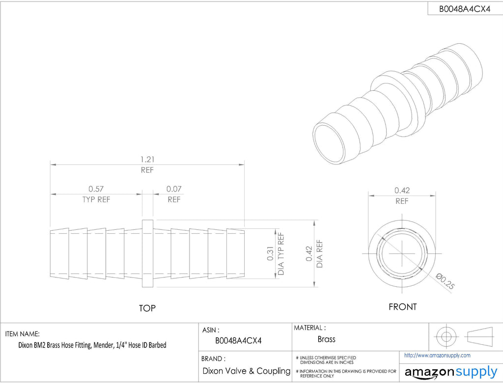Dixon BM2 Brass Hose Fitting, Mender, 1/4" Hose ID Barbed