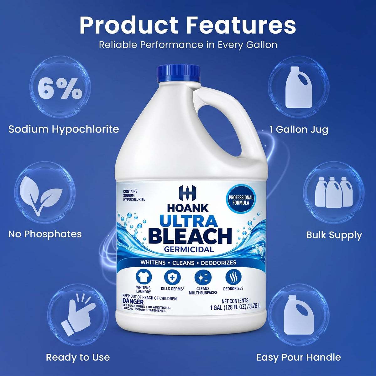 (6 Gallons Ultra Germicidal Liquid Bleach - For Laundry, Disinfecting, Sanitizing, Deodorizing, Mold & Mildew Stain