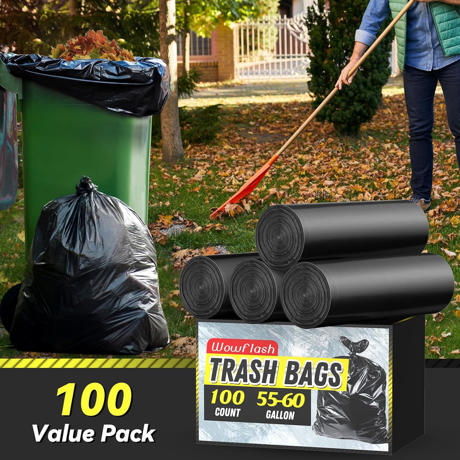 100 Count 55-60 Gallon Trash Bags, Sturdy & Tear-Resistant Commercial Can Liners 55 Gallon, Large Garbage Bags, Large
