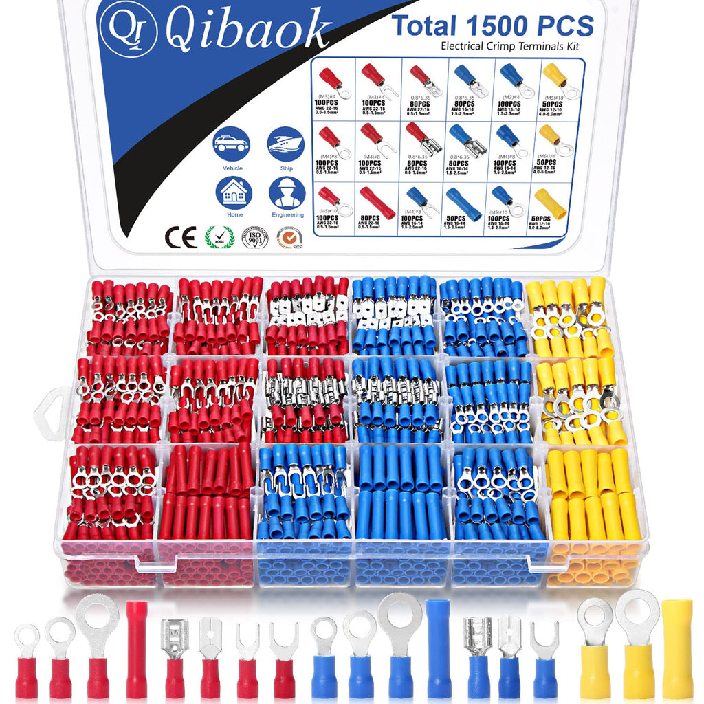 1500pcs Wire Connectors - Insulated Electrical Wire Terminals (Copper) - Ring, Butt, Spade, Fork Connector Kit - Red