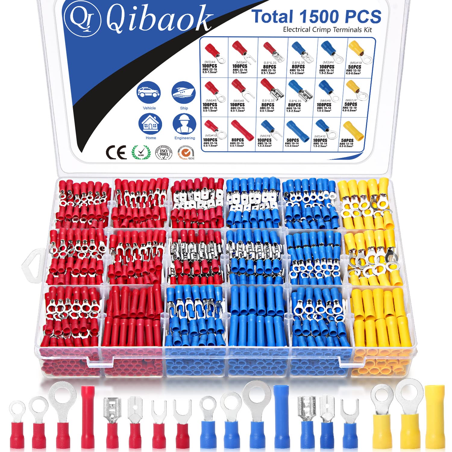 1500pcs Wire Connectors - Insulated Electrical Wire Terminals (Copper) - Ring, Butt, Spade, Fork Connector Kit - Red
