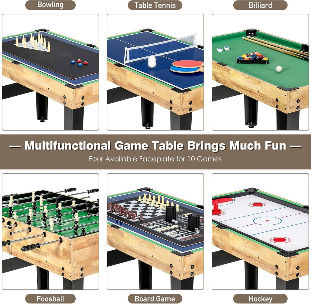 10-in-1 Multi Game Table, Combo Game Table Set w/Hockey, Foosball Pool Ping-Pong Chess Cards Checkers Bowling