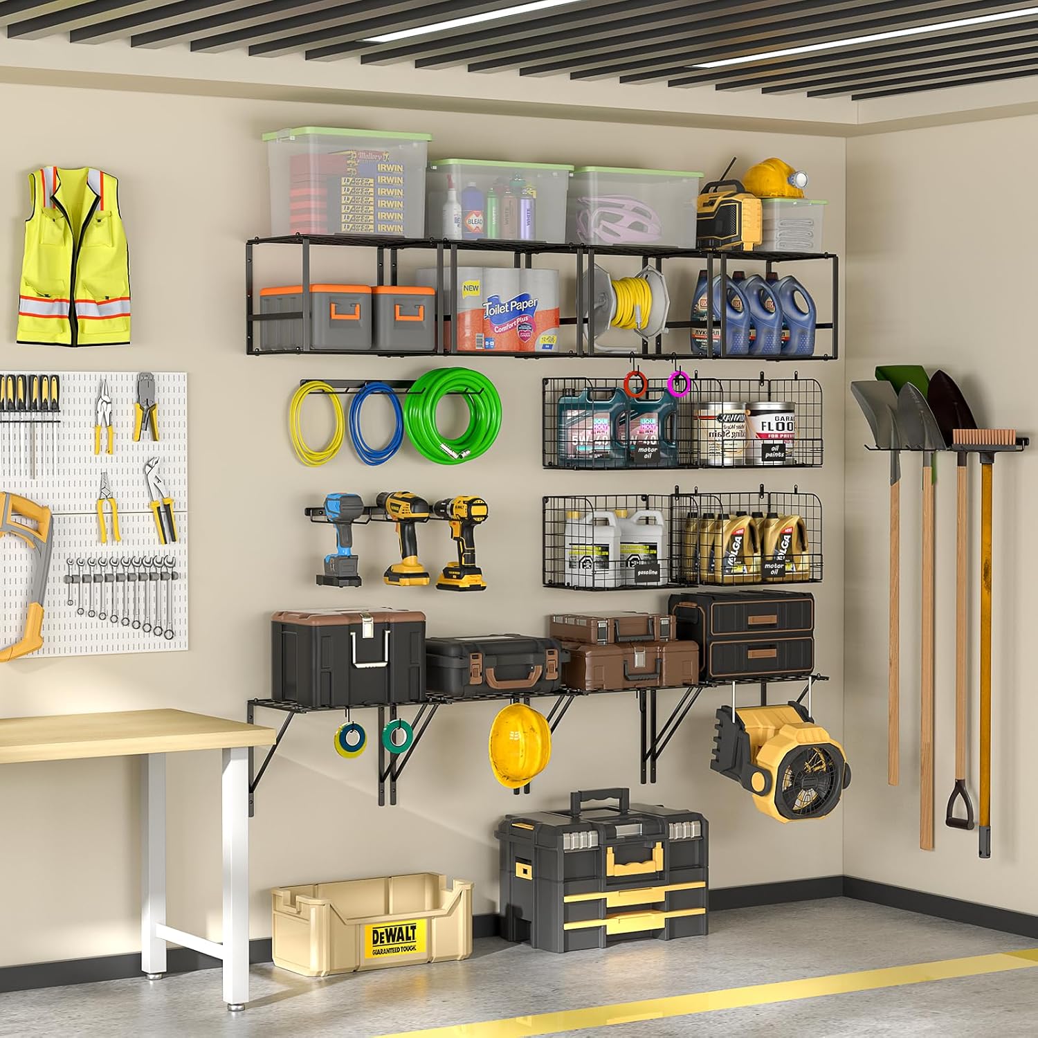Garage Shelf Wall Mounted with Wire baskets, Heavy Duty Garage Wall Shelving with Garden Tool Rack and Hooks, Wire