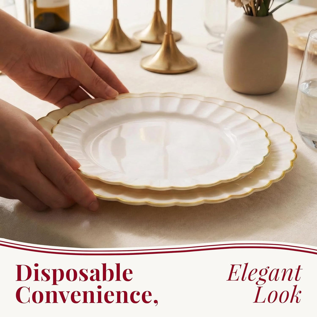 HEAVYWEIGHT Ivory Gold Scalloped Disposable Plates for Party 60 Pc