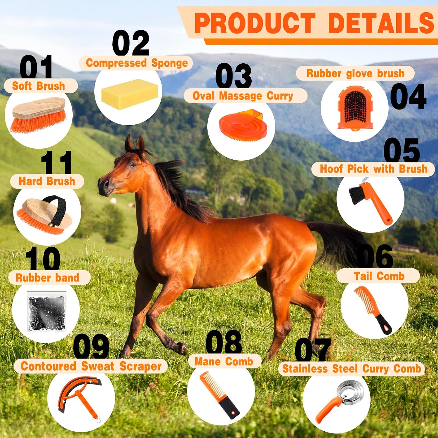 12 Pieces Horse Grooming Kit Equine Care Brushes, Orange