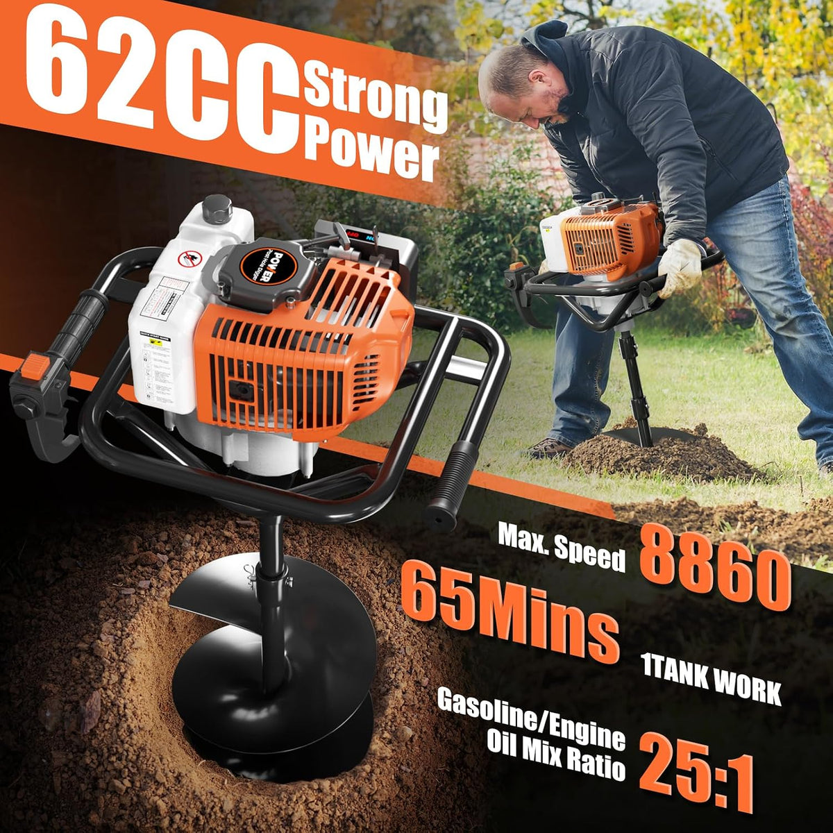 62cc Gas Powered Post Hole Digger, Earth Auger with 6" & 8" Drill Bits and 2 Extension Rods, Heavy Duty Earth Digger