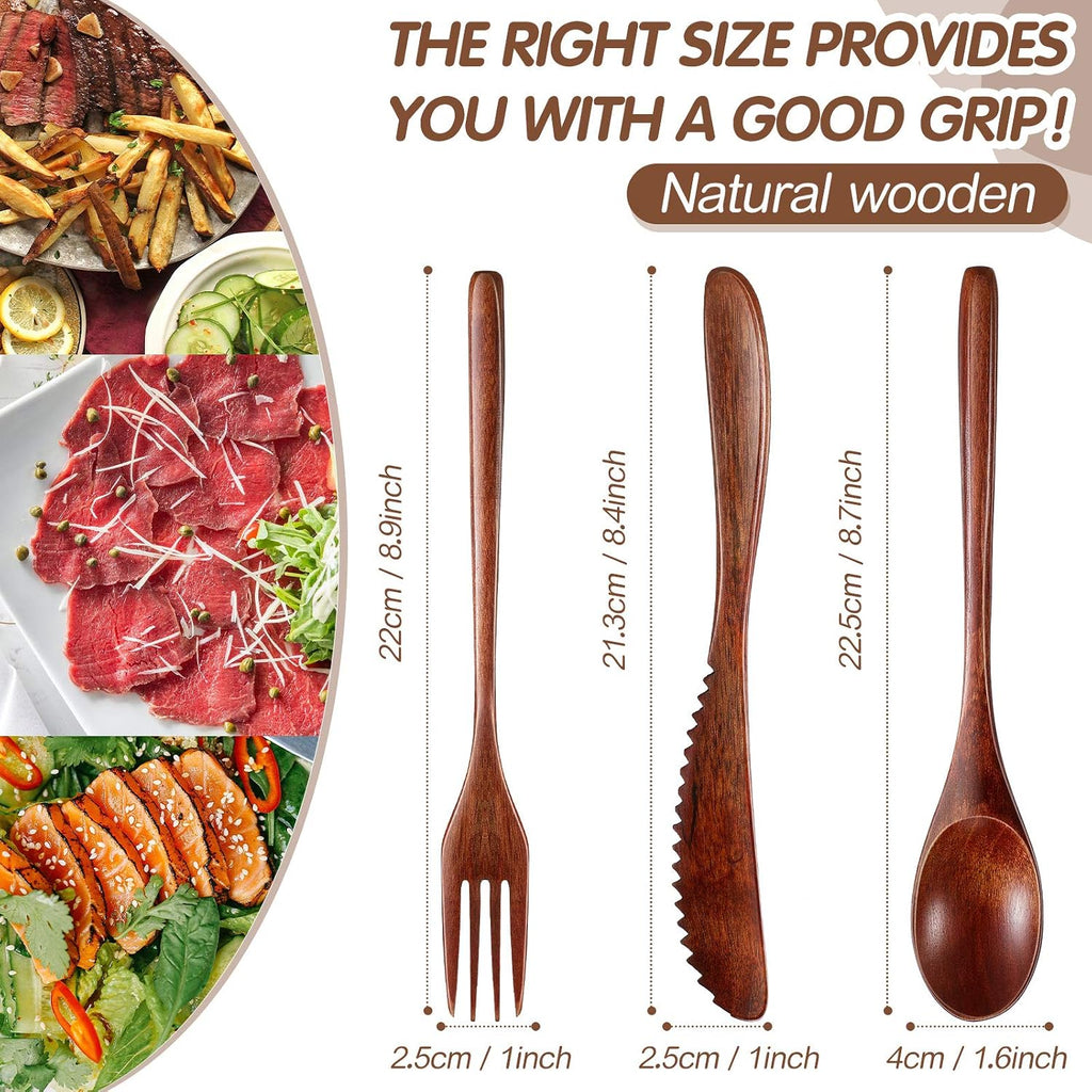 24 Pcs Wooden Utensils for Eating Wooden Spoon Fork Knife Set